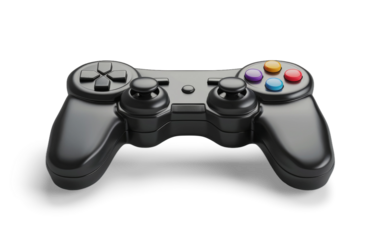 A black joystick game controller isolated from the white or transparent background