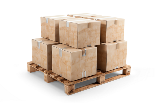 A stack of cardboard boxes on a pallet, isolated from the white or transparent background