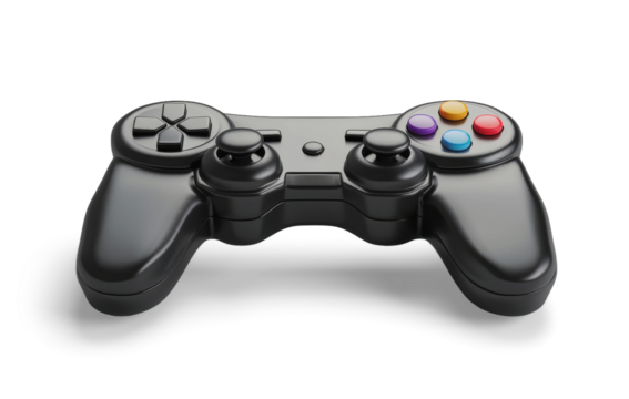 A black joystick game controller isolated from the white or transparent background