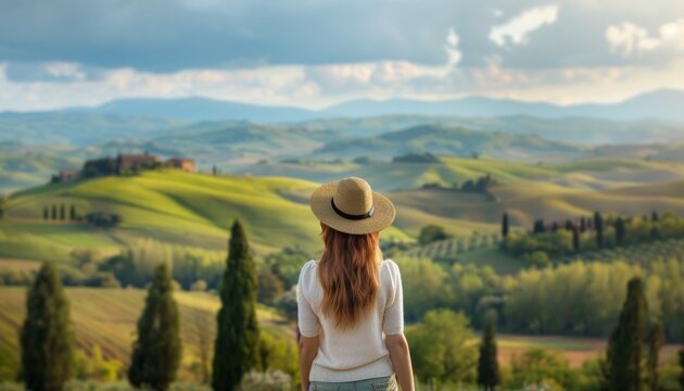 Giovane bella donna con cappello vista da dietro immersa nelle colline toscane