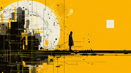 Futuristic cityscape in yellow with abstract elements