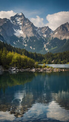 Alpine Tranquility, Serene Lake Nestled Among Majestic Mountains