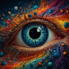 AI generated illustration of an eye covered in colorful paint