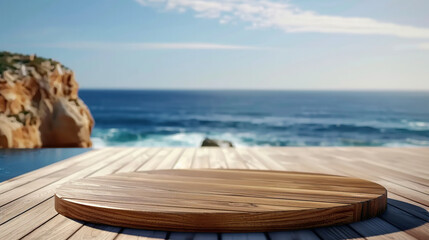 Obraz premium Wooden podium for display product, placed on a pristine white beach, with the serene ocean backdrop enhancing the product's simplicity. Generative AI