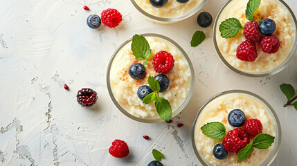 Glass with delicious rice pudding and berries on light