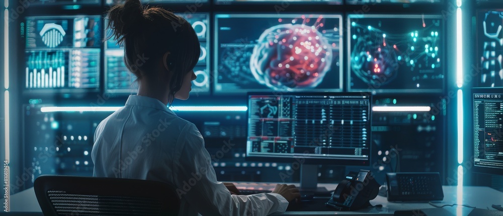 Poster view over the shoulder of international computer scientist developing neural networks at her worksta