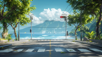 Sunny tropical street with lush greenery and ocean view