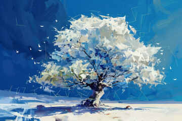 Stylized modern artwork of a solitary tree in a dynamic environment