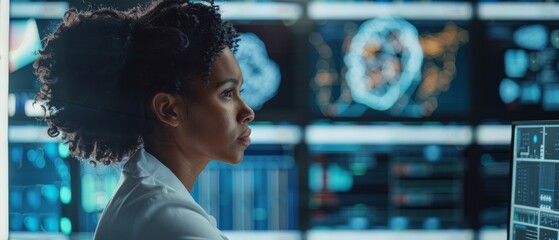 Hi-Tech Artificial Intelligence Research Center African American Female IT Engineer Working on a Neural Network Project, She Uses Two Personal Computers, Screen Shows Big Data Graphics, Futuristic