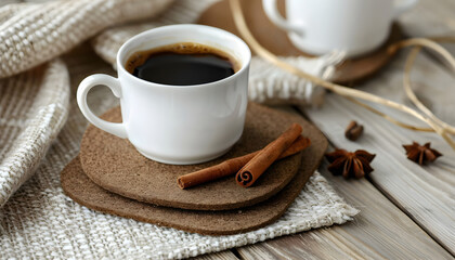 Drink coasters with cup of coffee, cinnamon and jezve on wooden table