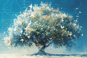 Surreal tree surrounded by flying origami birds in a digital artwork
