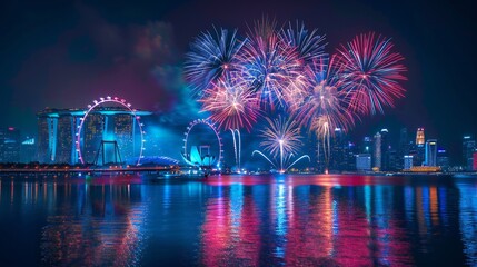 Fototapeta premium fireworks over water and a city