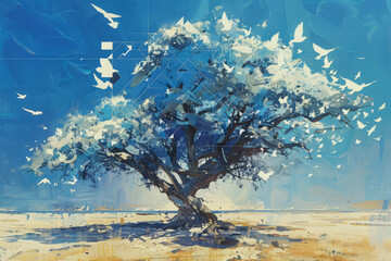 Surreal tree with flock of birds under blue skies