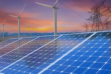 Solar panels and wind power generation equipment, solar power green energy for life concept,