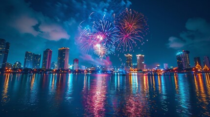 fireworks over water and a city
