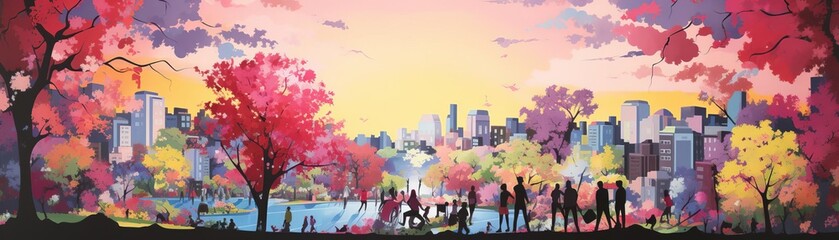 A beautiful park with a lake, surrounded by cherry blossom trees in full bloom. The sun is setting over the city in the background.