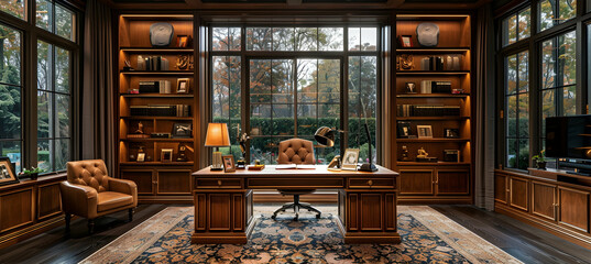 Glamorous home office with walnut desk, ergonomic chair, and built-in shelving