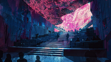 Spectacular futuristic city scene with vibrant pink and blue