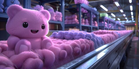 A quirky 3D-rendered factory run by cute robot workers mass-producing plush toys based on retro video game characters