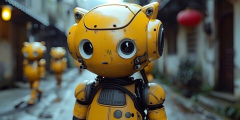 A quirky 3D-rendered factory run by cute robot workers mass-producing plush toys based on retro video game characters
