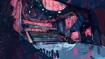 Futuristic red and white ink-drawn auditorium under starry sky