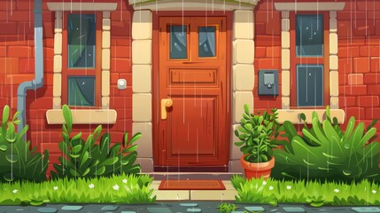 In rainy weather, house exterior with closed doors, windows, plants, and brick wall with welcome mat. Modern cartoon building façade with plants and grass.