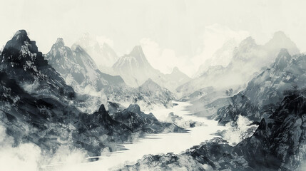 Ink and wash style painting of misty mountains and river