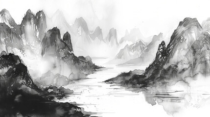 Ink and wash painting of misty mountains and river landscape