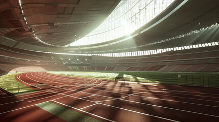 Sunlight streaming through a large stadium with running tracks