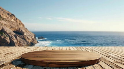 Obraz premium Wooden podium for display product, placed on a pristine white beach, with the serene ocean backdrop enhancing the product's simplicity. Generative AI