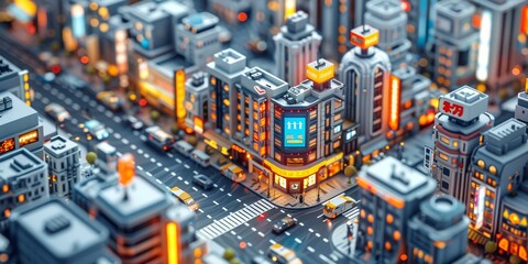 A surreal 3D cartoon city where buildings are composed of trending consumer electronics products, with friendly robot