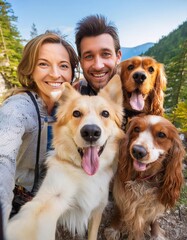 Happy couple taking selfie with their companion dogs under the sunny sky