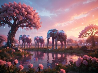beautiful sunset futuristic view with elephants
