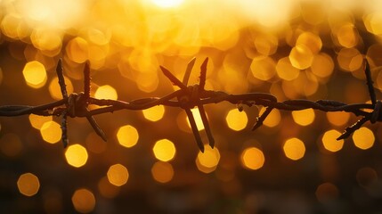 Human rights and social justice are symbolically represented by a blurred barbed wire rod fence illuminated by flickering candlelight against a backdrop of golden bokeh observed on Yom HaSh