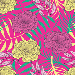 Abstract Floral seamless pattern with leaves. tropical background