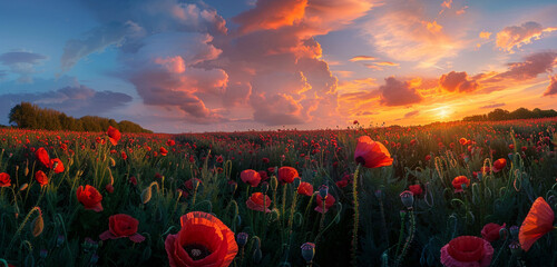 Memorial Day sunset over a poppy field, with the sky in remembrance colors.