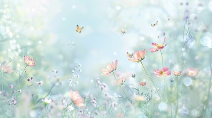 light pink ranunculus flowers bathed in soft sunlight against a serene pastel blue sky with fluttering butterflies in the foreground.