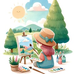 Little girl is painting in the countryside