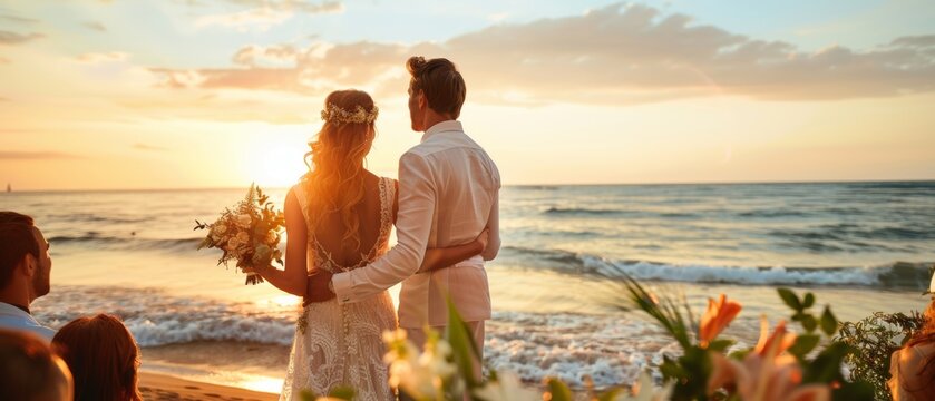 An outdoor wedding ceremony on an ocean beach at sunset with a beautiful bride and groom. The perfect venue for a marriage, to exchange rings, kiss, and celebrate with multi-ethnic family and
