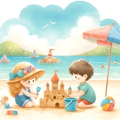 Two children playing on the beach.