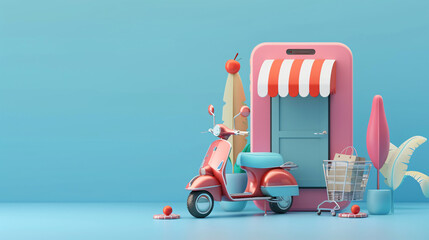 3d Online delivery service by scooter. Shopping applic