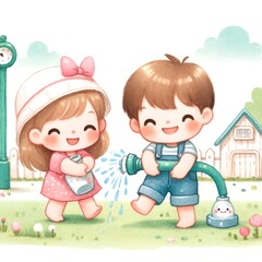 Two happy children playing with water hose in the garden on summer day