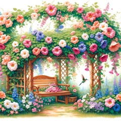 A beautiful garden with a bench under a flower arch.