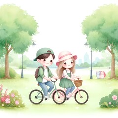 A boy and a girl are riding bicycles in a park