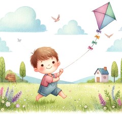 Cute little boy is flying a kite on a beautiful spring day