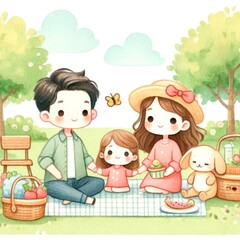 A happy family is having a picnic in the park