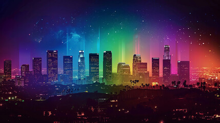 Colorful neon spectrum over Los Angeles skyline at night