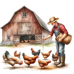 A farmer in overalls and a straw hat feeds chickens in front of a red barn.