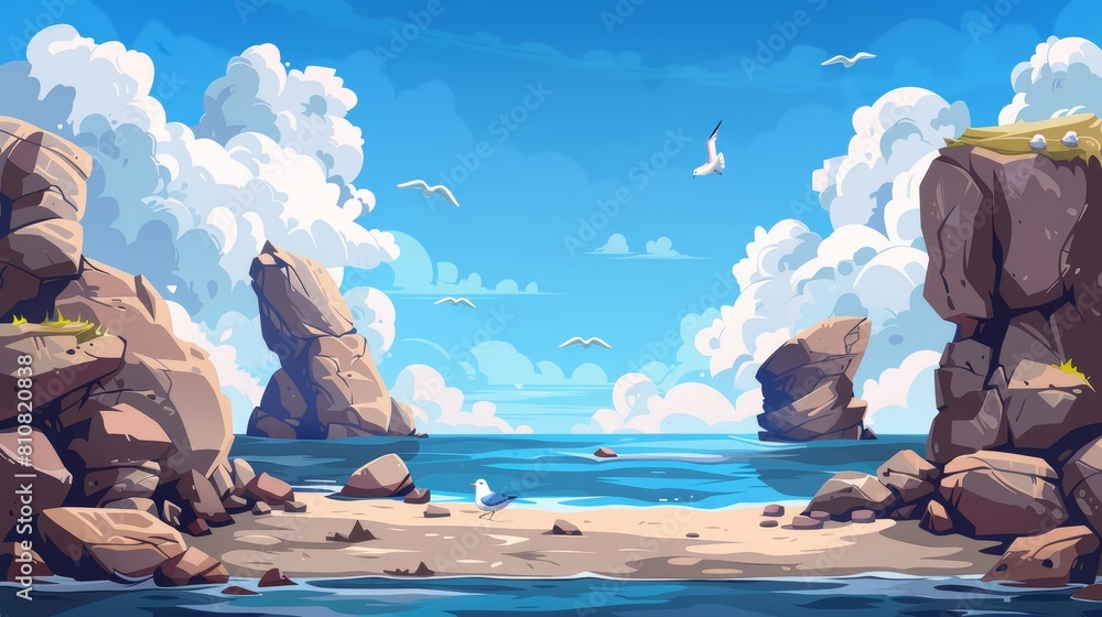 Poster seascape with separated layers for game, cartoon modern illustration with parallax background in oce