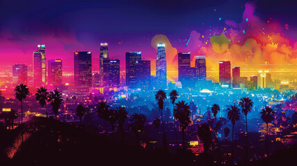 Vibrant Los Angeles skyline with neon colors and city lights